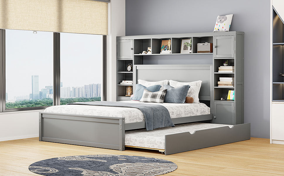 Queen Size Wooden Bed With All-in-One Cabinet, Shelf and Sockets,Twin XL Trundle, Gray