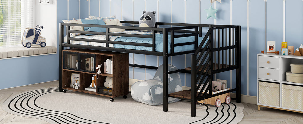 Twin Metal Loft Bed with Storage Cubby, Low Metal Loft Bed with Stairs for Kids, Black, Expect Arrival Date 2025/11/10
