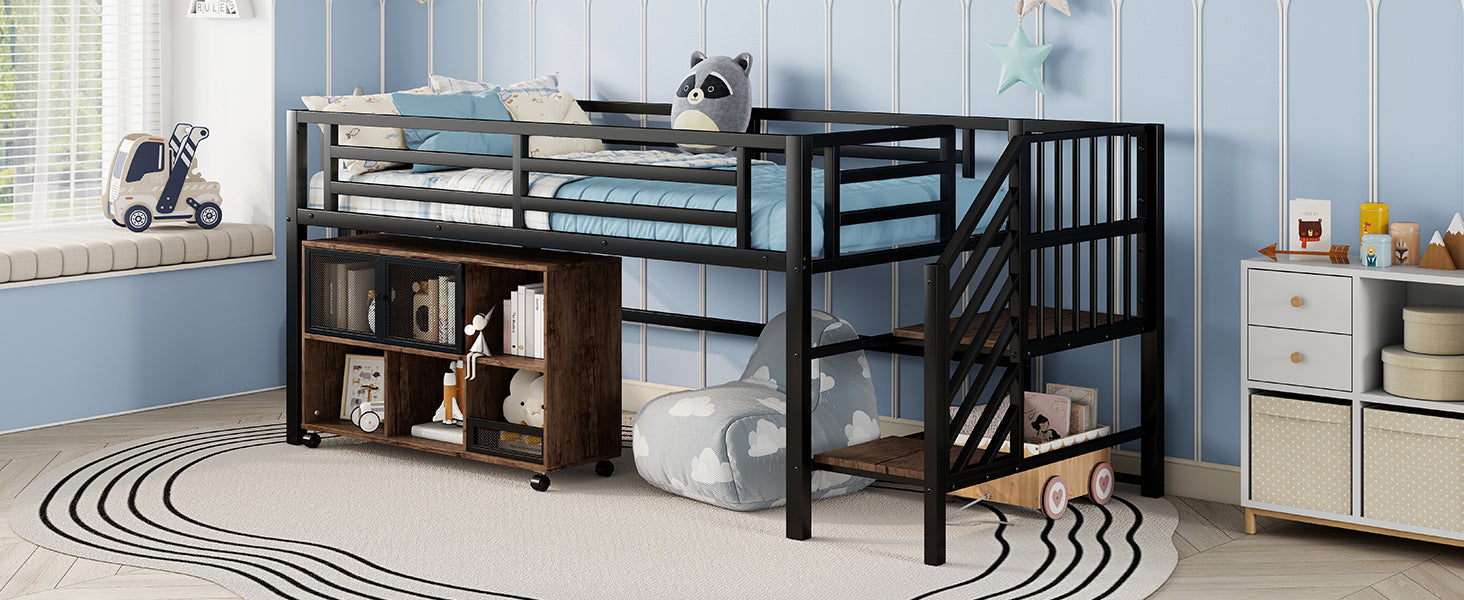 Twin Metal Loft Bed with Storage Cubby, Low Metal Loft Bed with Stairs for Kids, Black, Expect Arrival Date 2025/11/10