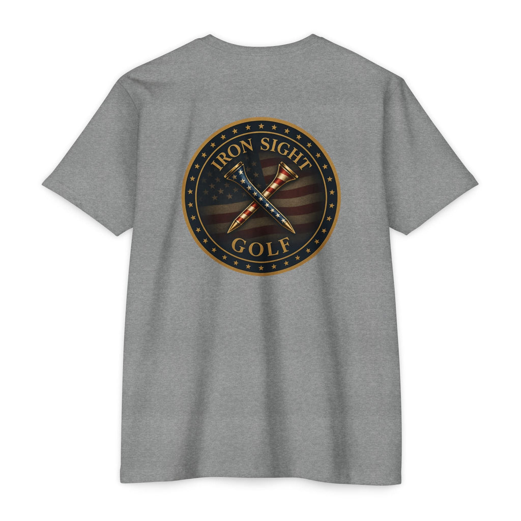 Iron Sight Golf T‑Shirt — American Flag Crossed Clubs Logo