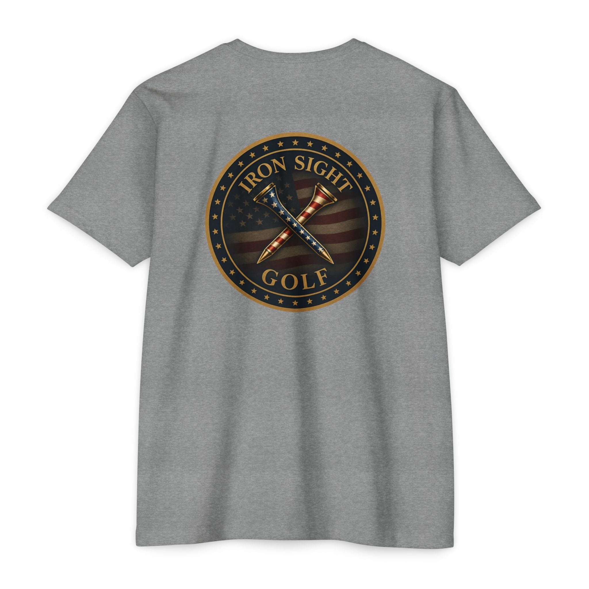 Iron Sight Golf T‑Shirt — American Flag Crossed Clubs Logo