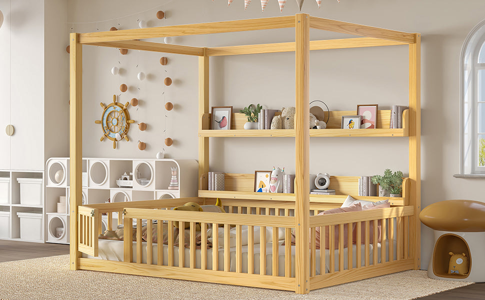 Full Size Canopy Bed with Guardrails, Solid Wood Floor Bed with Shelves, Montessori Floor Bed Frame for Kids, Boys, Girls, No Spring Box Needed, Natural
