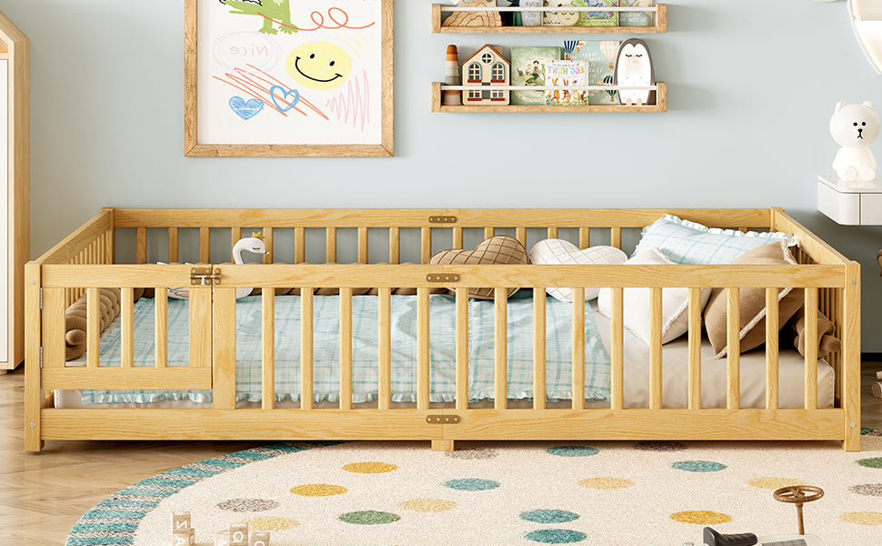 Queen Size Bed Floor Bed with Safety Guardrails and Door for Kids, Natural( Old SKU:W1580P154630)