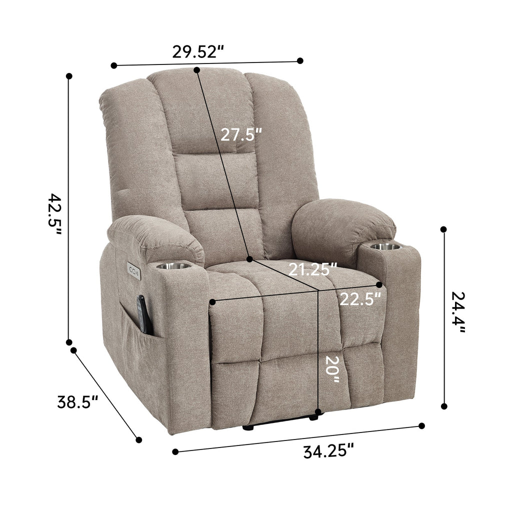 Power Lift Recliner Chair with Massage and Heat for Elderly, Overstuffed Wide Recliners, Heavy Duty Motion Mechanism with USB and Type C Ports, 2 Steel Cup Holders, Khaki