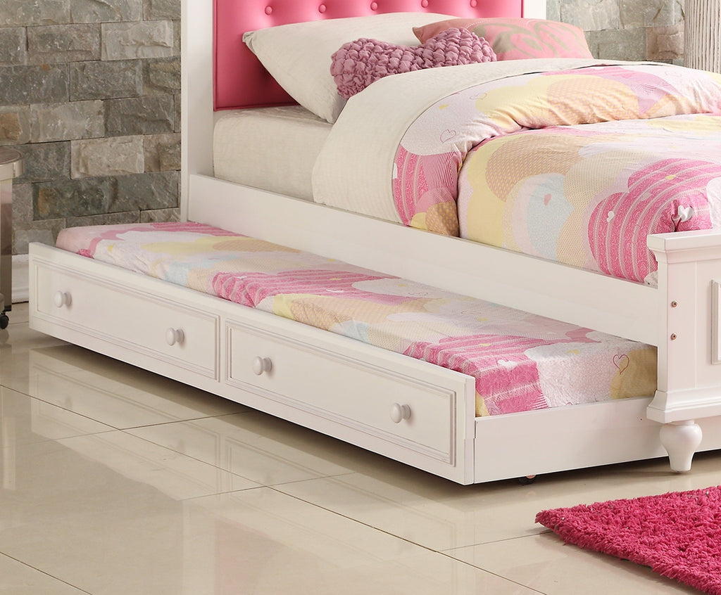 Contemporary Style Twin Size Bed w/ Trundle Slats Pine Plywood Kids Youth Bedroom Furniture Pink Faux Leather Tufted HB