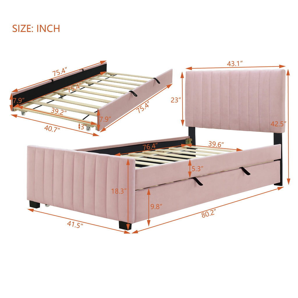 Twin Size Velvet Upholstered Platform Bed with Twin Size Trundle, Pink