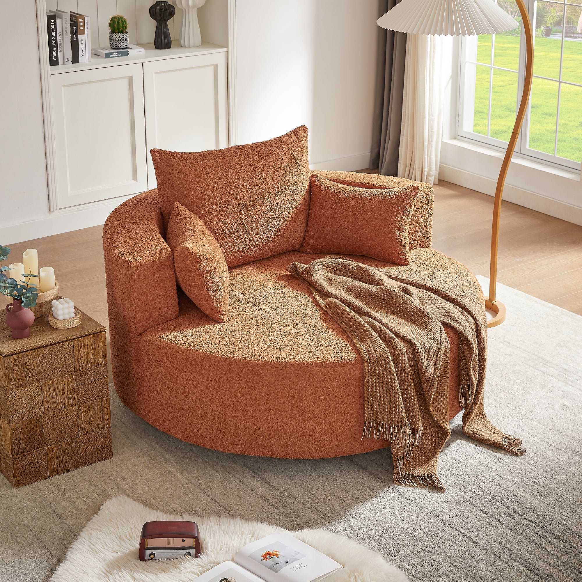 360° Swivel Accent Barrel Chair with Removable Pillows, Orange Red Chenille, 56.3 Inch