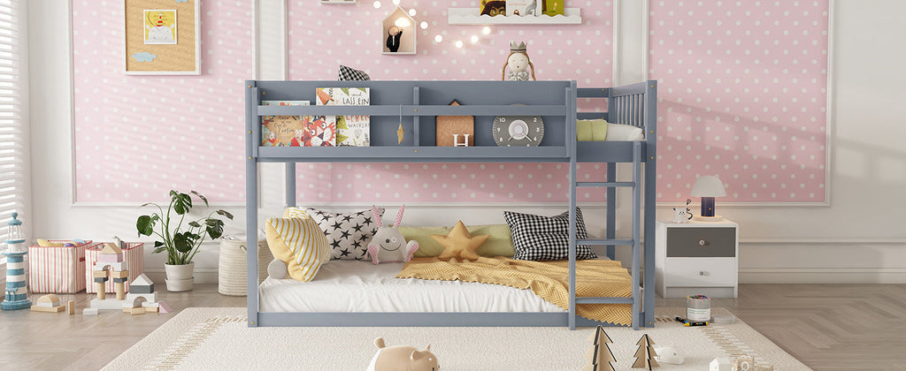 Low Twin Over Twin Bunk Bed, Floor Bunk Bed with Ladder, Solid Wood Twin Bunk Bed for Kids & Juniors, Grey(Expect Arrival Date 2025/11/25)