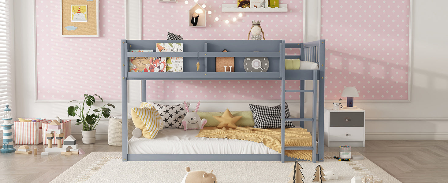 Low Twin Over Twin Bunk Bed, Floor Bunk Bed with Ladder, Solid Wood Twin Bunk Bed for Kids & Juniors, Grey(Expect Arrival Date 2025/11/25)
