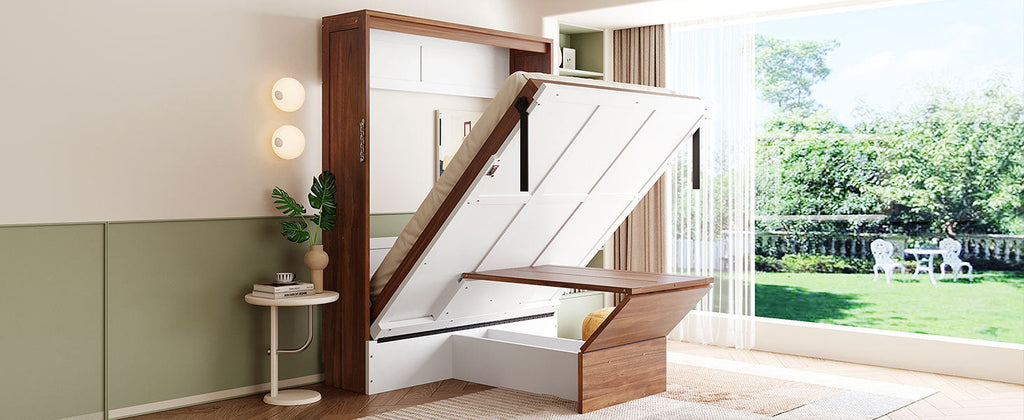 Full Size Murphy Bed with Foldable Desk – Space Saving Wall Bed - Walnut & White