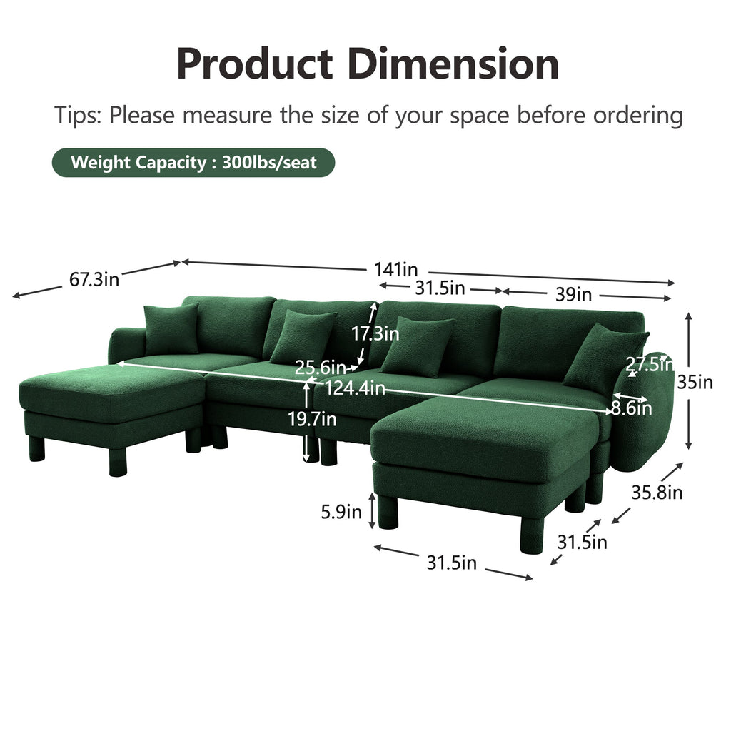 Boucle Fabric U Shape Sectional 4-seater Sofa Couch With Distinctive Shell-shaped Armrests And 2 Movable Ottomans,Cylindrical Legs Wrapped with Self-fabric,Green Color