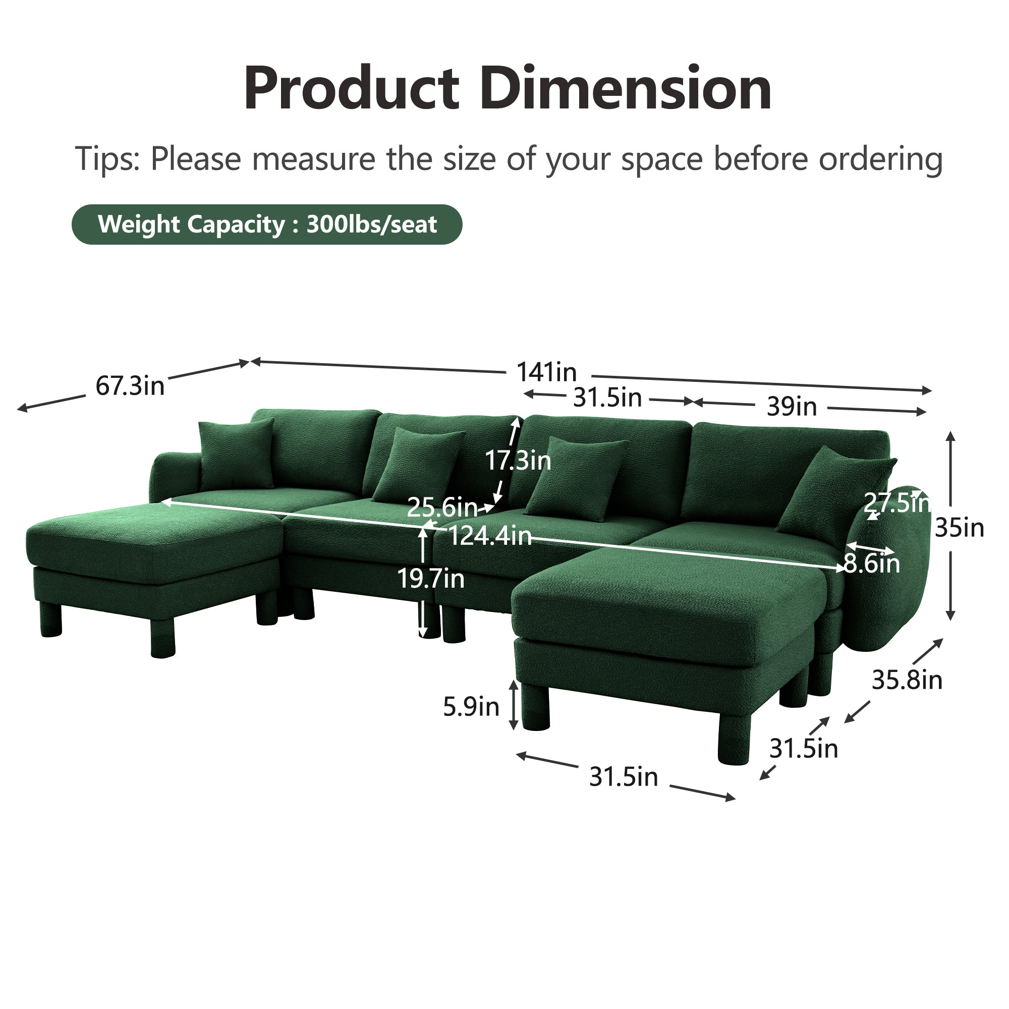 Boucle Fabric U Shape Sectional 4-seater Sofa Couch With Distinctive Shell-shaped Armrests And 2 Movable Ottomans,Cylindrical Legs Wrapped with Self-fabric,Green Color