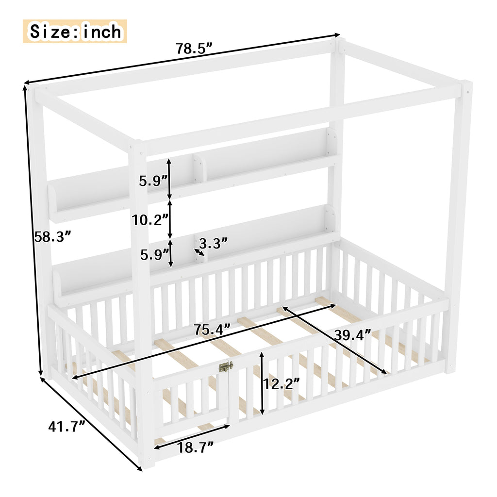 Twin Size Canopy Bed with Guardrails, Solid Wood Floor Bed with Shelves, Montessori Floor Bed Frame for Kids, Boys, Girls, No Spring Box Needed, White