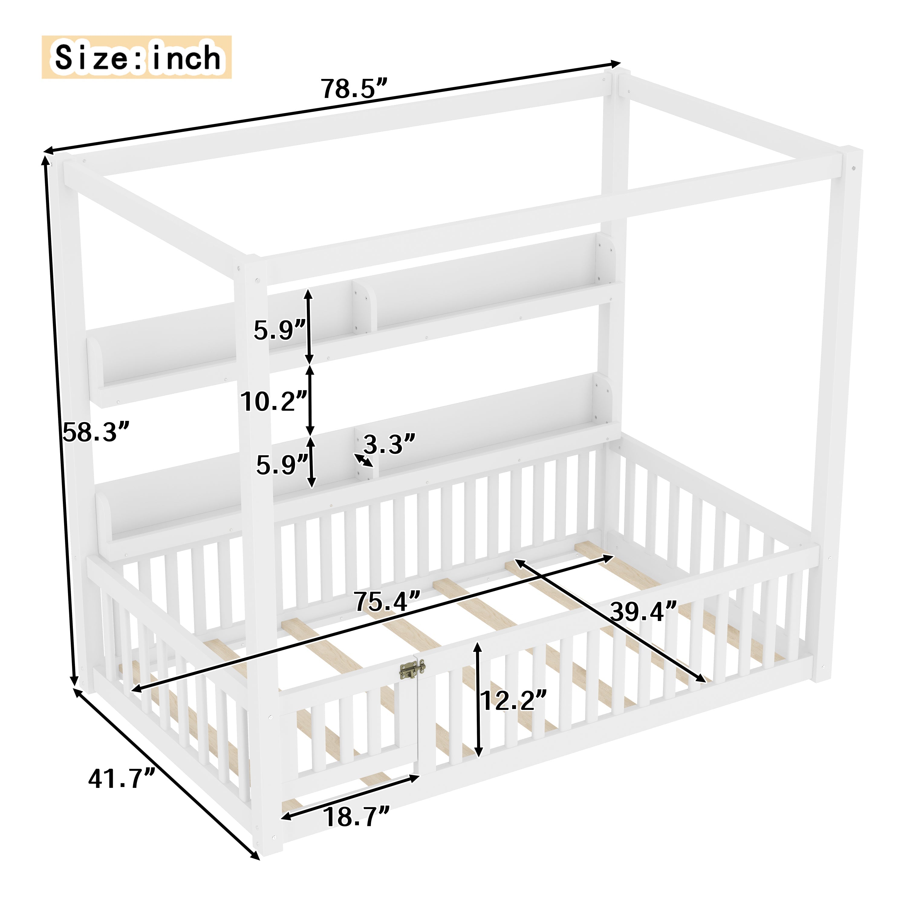 Twin Size Canopy Bed with Guardrails, Solid Wood Floor Bed with Shelves, Montessori Floor Bed Frame for Kids, Boys, Girls, No Spring Box Needed, White
