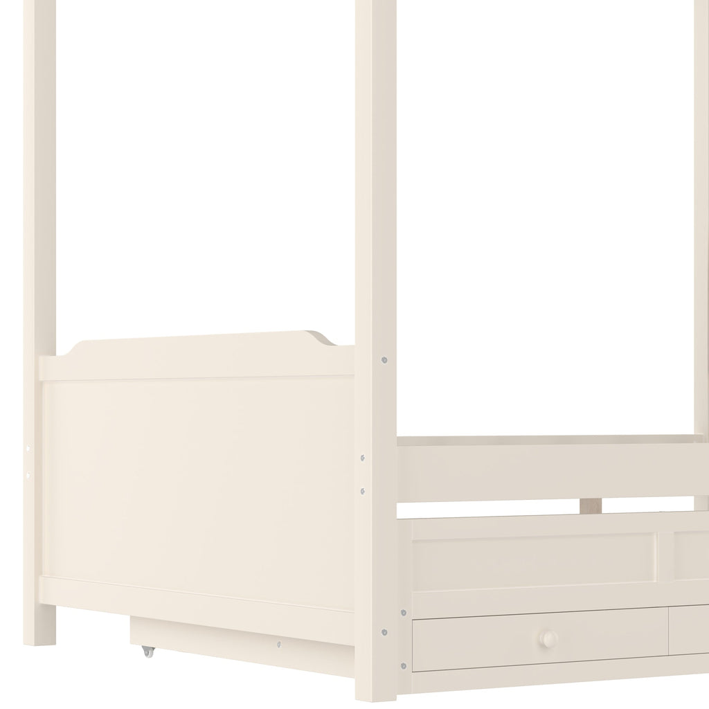 Full Platform Bed with Upholstered Headboard,Twin Size Trundle and 3 Drawers,Princess Canopy Bed Frame for Kids,Storage & Easy Assembly,Beige.