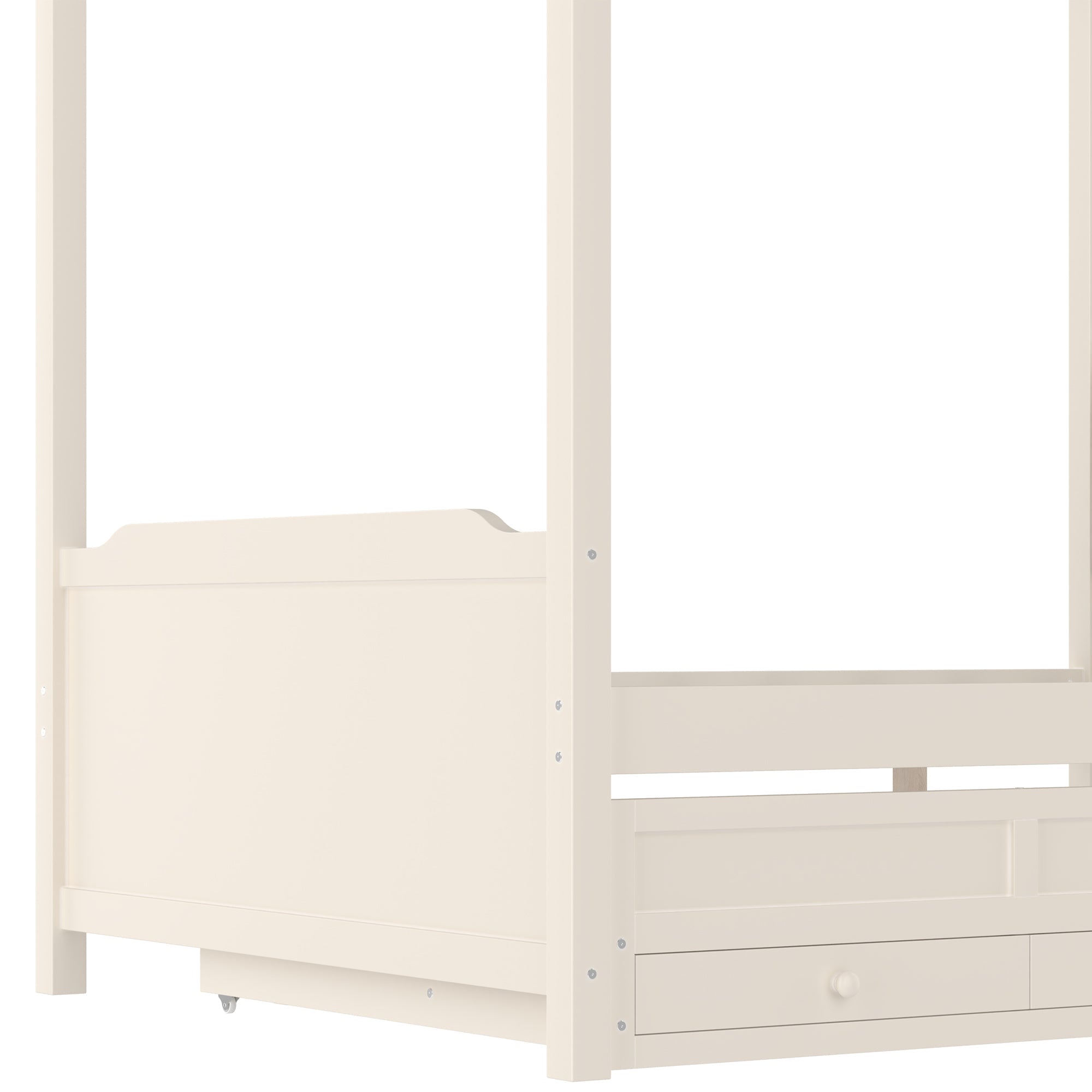 Full Platform Bed with Upholstered Headboard,Twin Size Trundle and 3 Drawers,Princess Canopy Bed Frame for Kids,Storage & Easy Assembly,Beige.