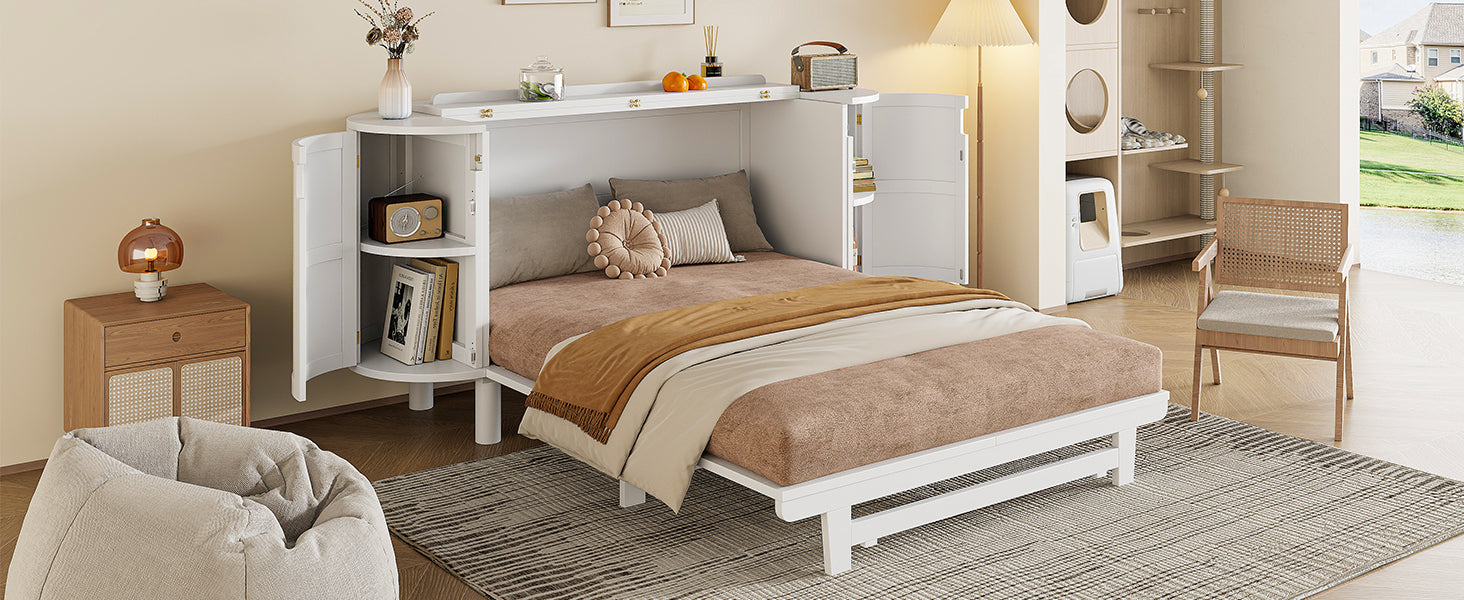 Queen Murphy Bed with Hidden Storage & Modern Woven Design,White