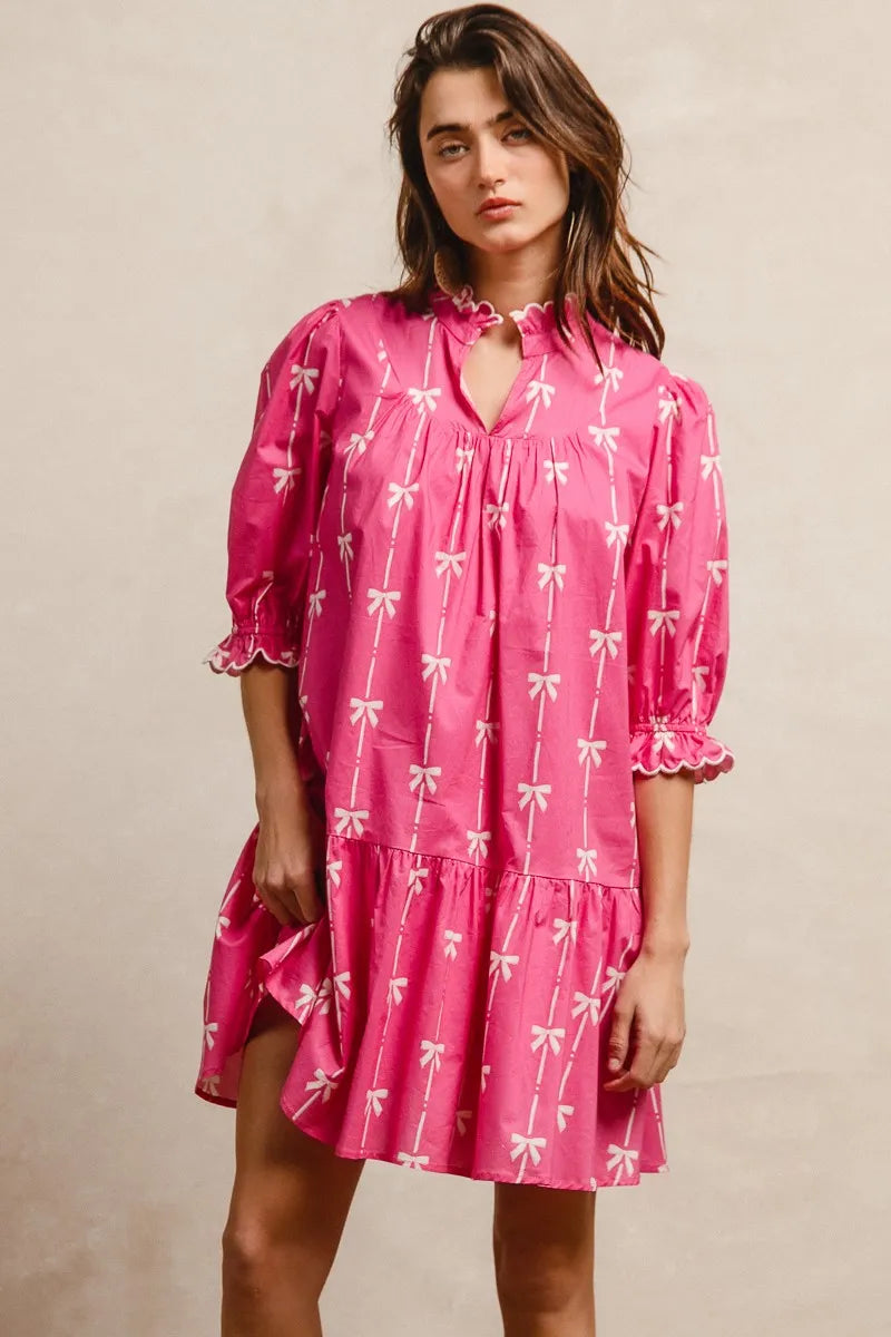 BiBi Ribbon Patterns With Scallops Edge Details Short Sleeve Dress