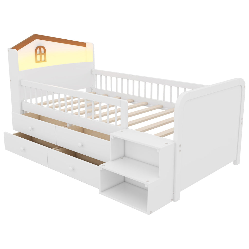 Low Loft Bed with LED Lights, Wooden Twin Loft Bed with House Shape Headboard, Kids Loft Bed with Storage Drawers, White (Expect Arrival Date 2025/1/20)