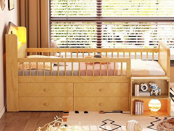 Low Loft Bed with LED Lights, Wooden Twin Loft Bed with House Shape Headboard, Kids Loft Bed with Storage Drawers, Natural (Expect Arrival Date 2025/1/20)