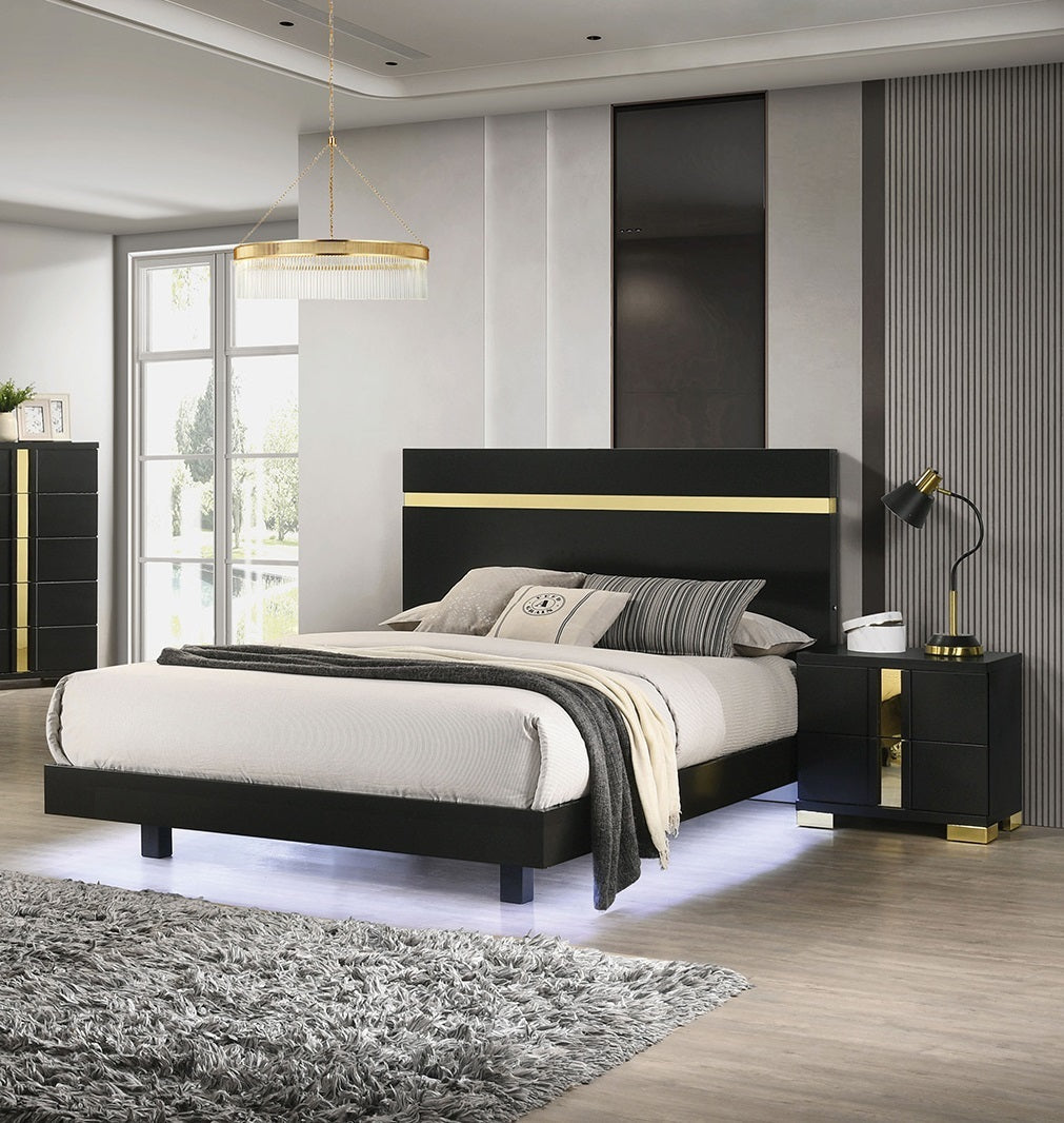 Modern Black 3pc Bedroom Set Queen Size Bed w LED 2x Nightstands Mattress Ready Furniture Acrylic Trim