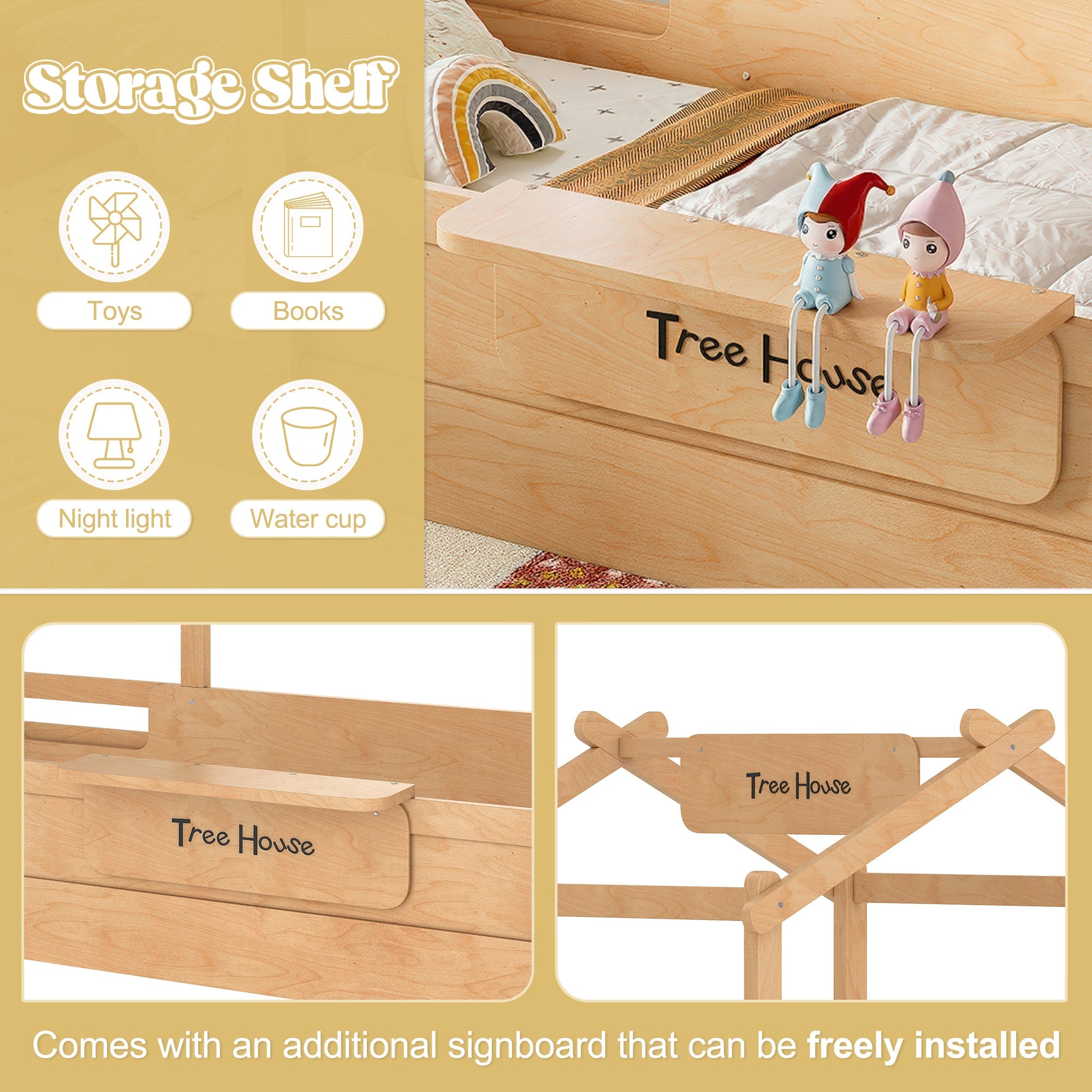 Twin Size Floor Bed with Guardrails and Roof, Kids House Floor Bed with a Small Built-in Tray and Free-installed Signboard, Childlike Design, Natural