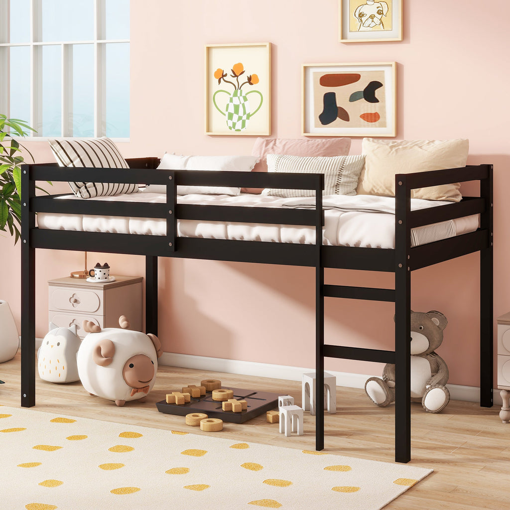 Solid Wooden, Rubber Wooden Twin Loft Bed with Ladder, Bed Platform of Strengthened Slats , Black