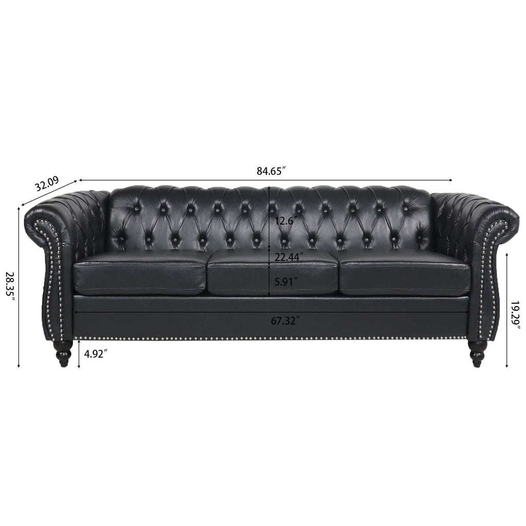 84.65" BLACK PU Rolled Arm Chesterfield Three Seater Sofa