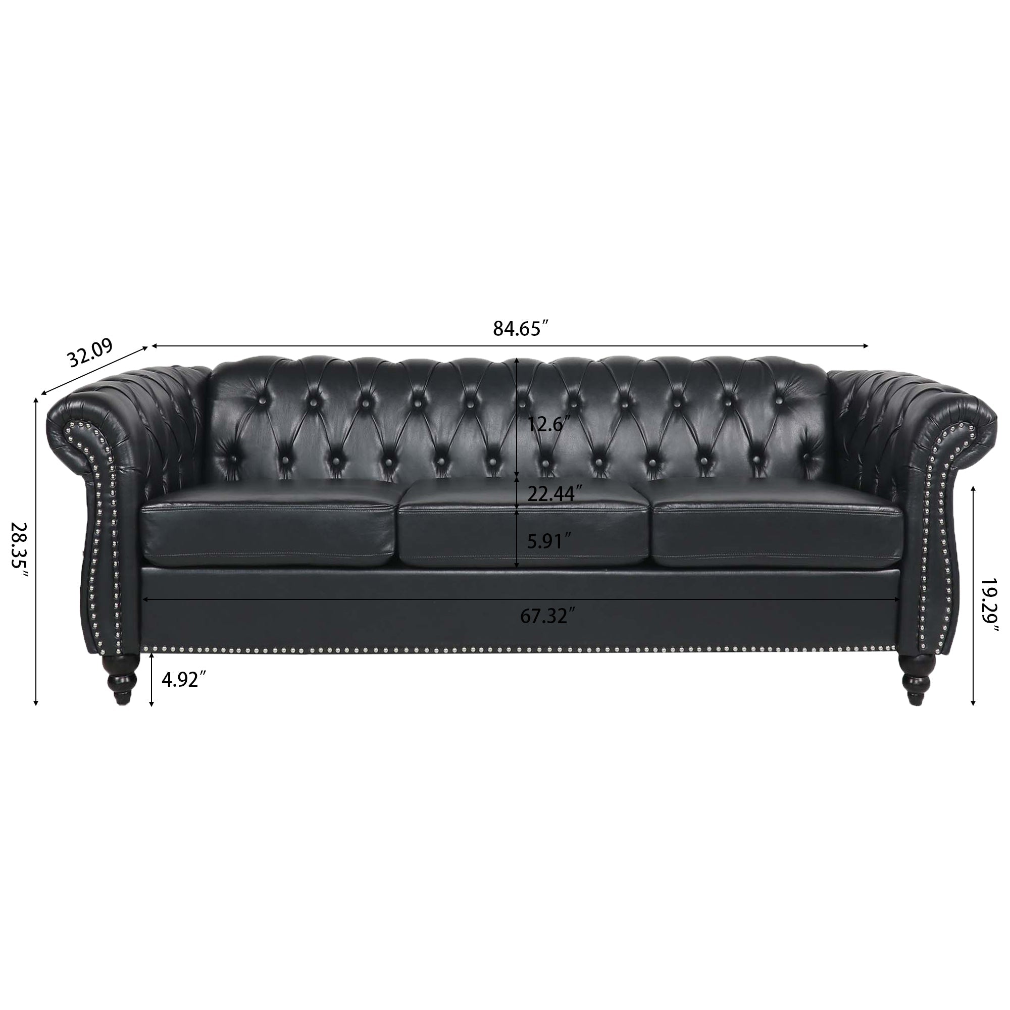 84.65" BLACK PU Rolled Arm Chesterfield Three Seater Sofa