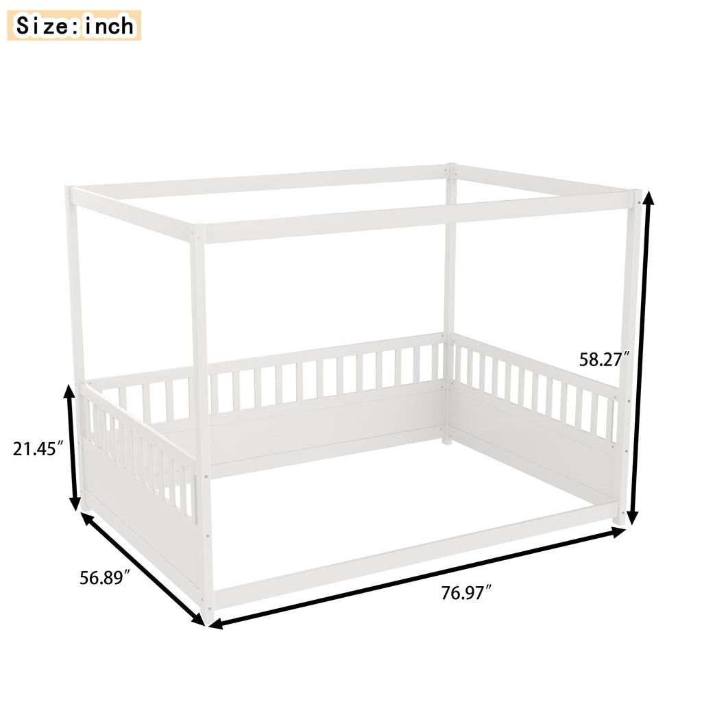 Full Size Canopy Bed Frame with Guardrails for Kids,Floor Bed Full with Four Poster Design,Kids Montessori Floor Bed,Wood Canopy Bed Frame for Girls,Boys(Full,White)