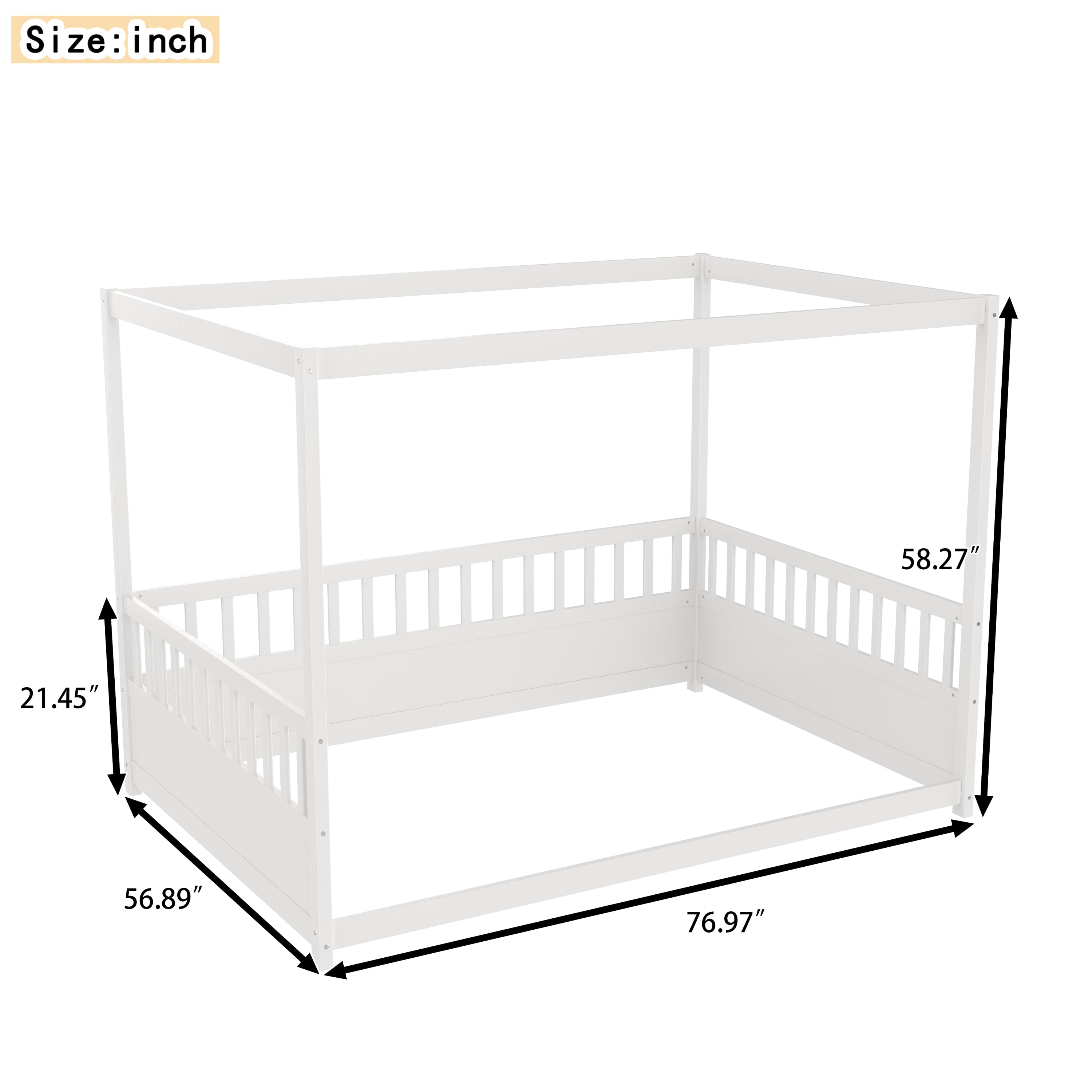 Full Size Canopy Bed Frame with Guardrails for Kids,Floor Bed Full with Four Poster Design,Kids Montessori Floor Bed,Wood Canopy Bed Frame for Girls,Boys(Full,White)