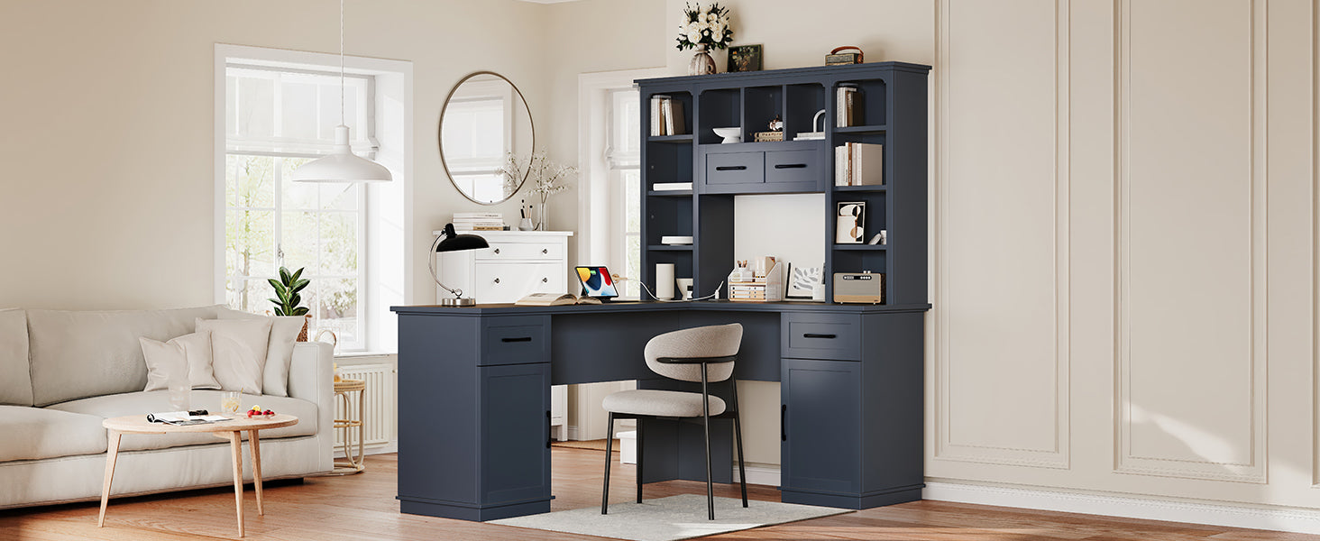 L-Shaped Computer Desk with 2 Cabinets and 2 Drawers, 11 Open Shelves, with Power Outlet, for Study, Living Room and Office, Antique Blue