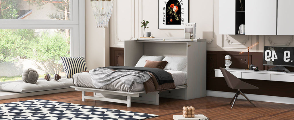 Queen Size Murphy Bed with Large Drawers & USB Ports,Brushed White