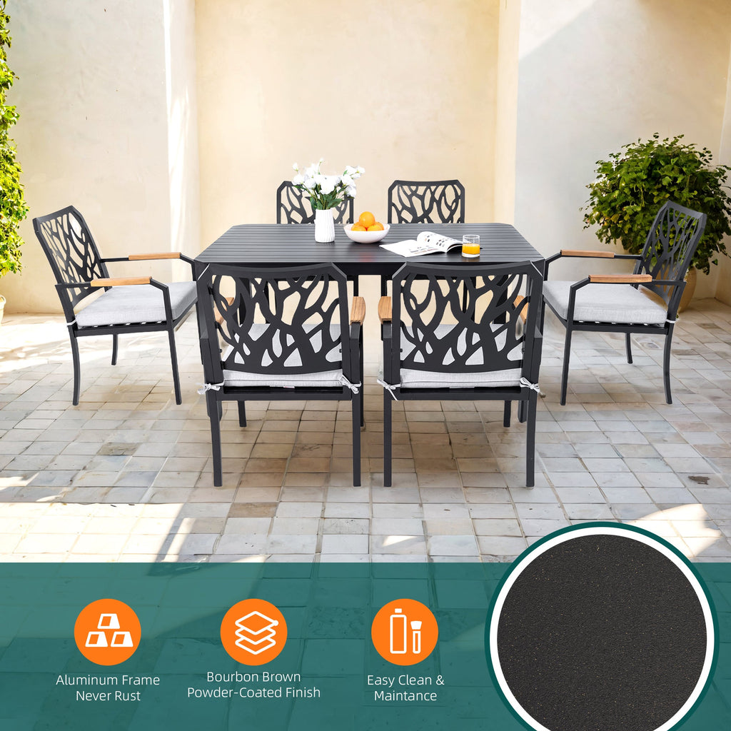 Modern Outdoor Aluminum Table with Alternating Wide and Narrow Slats, Angled Corners, 2' Big Umbrella Hole, and Adjustable Non-Slip Pads, Bourbon Brown