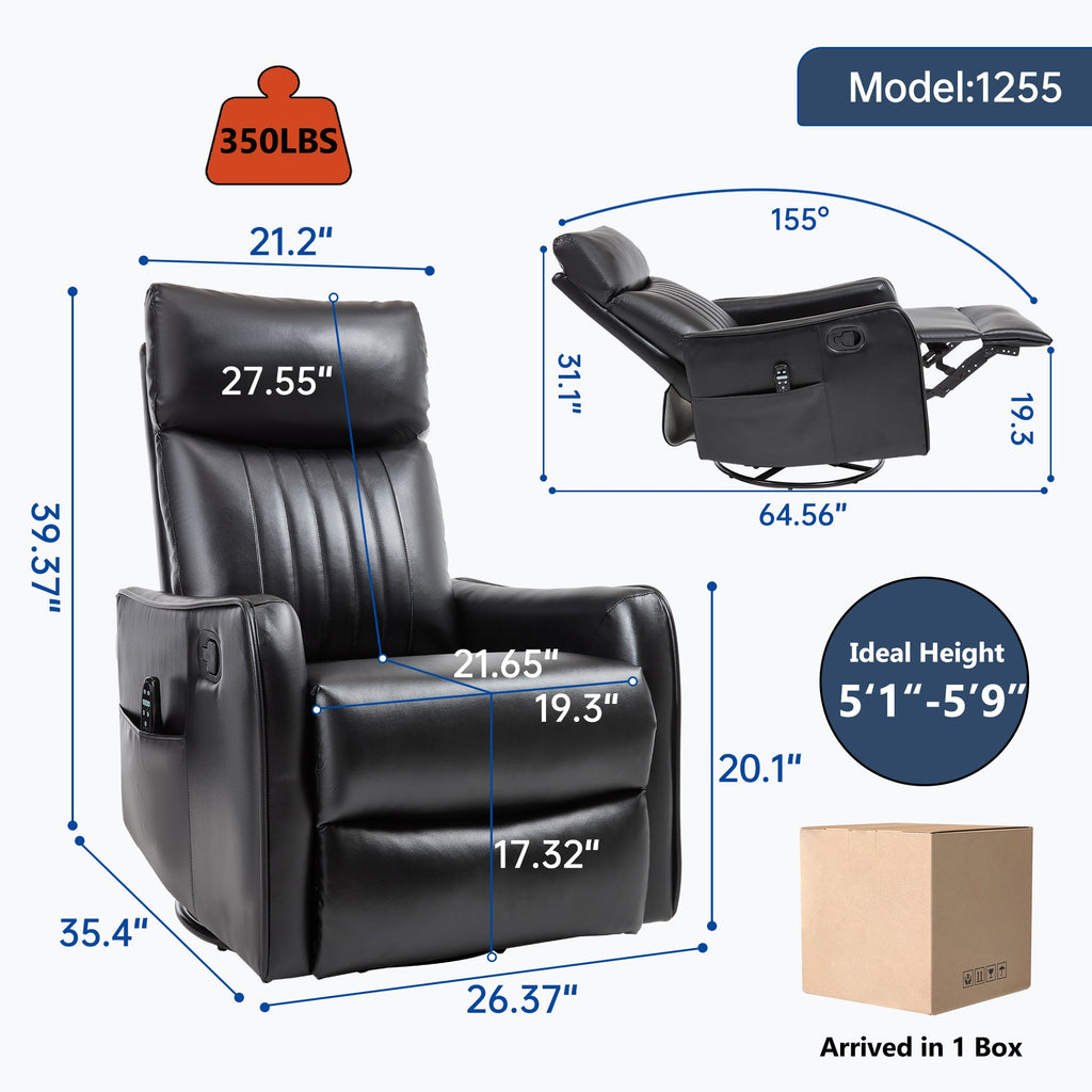 Black Faux Leather Heat Massage Manual Recliner Chair with Rocker and Swivel for Living Room