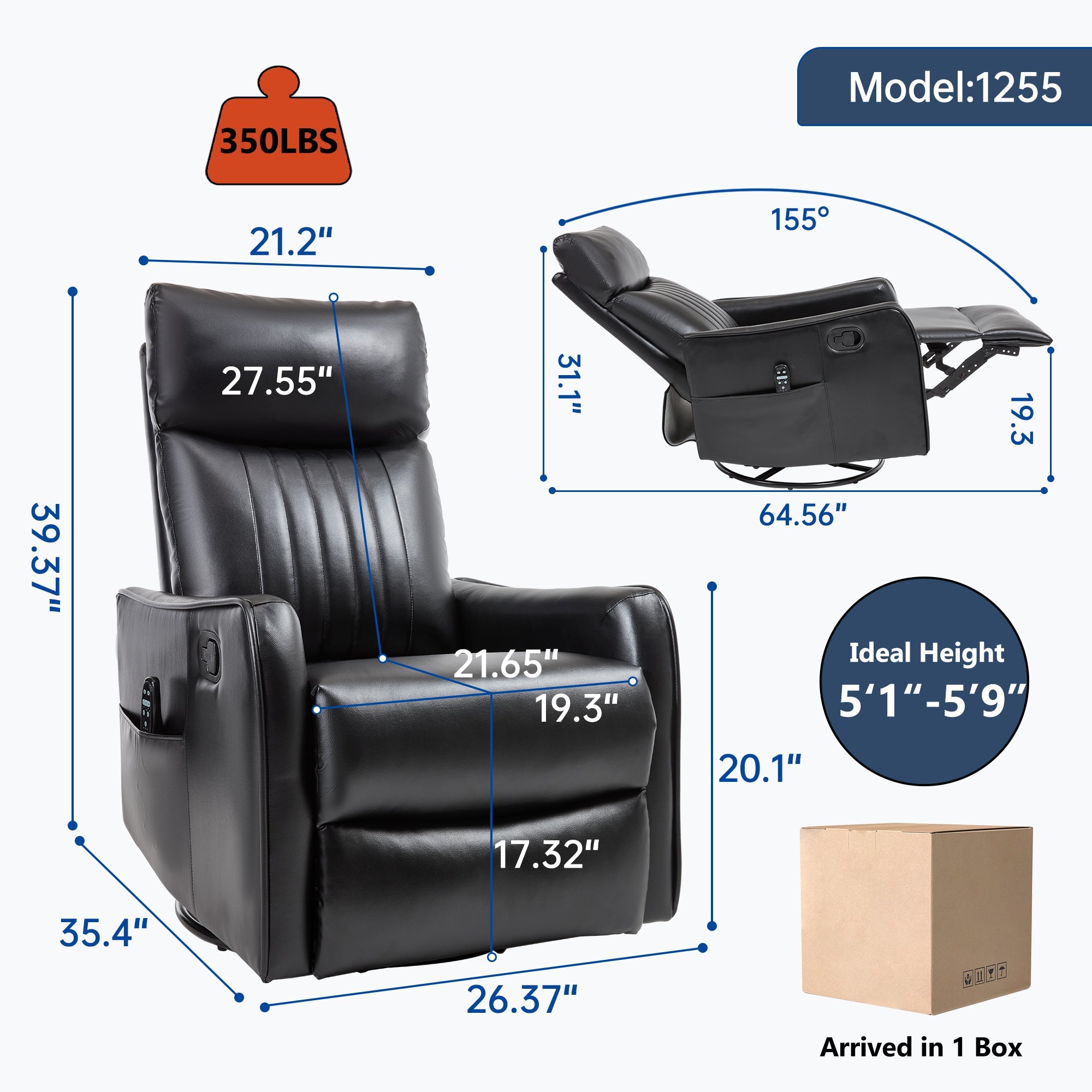 Black Faux Leather Heat Massage Manual Recliner Chair with Rocker and Swivel for Living Room