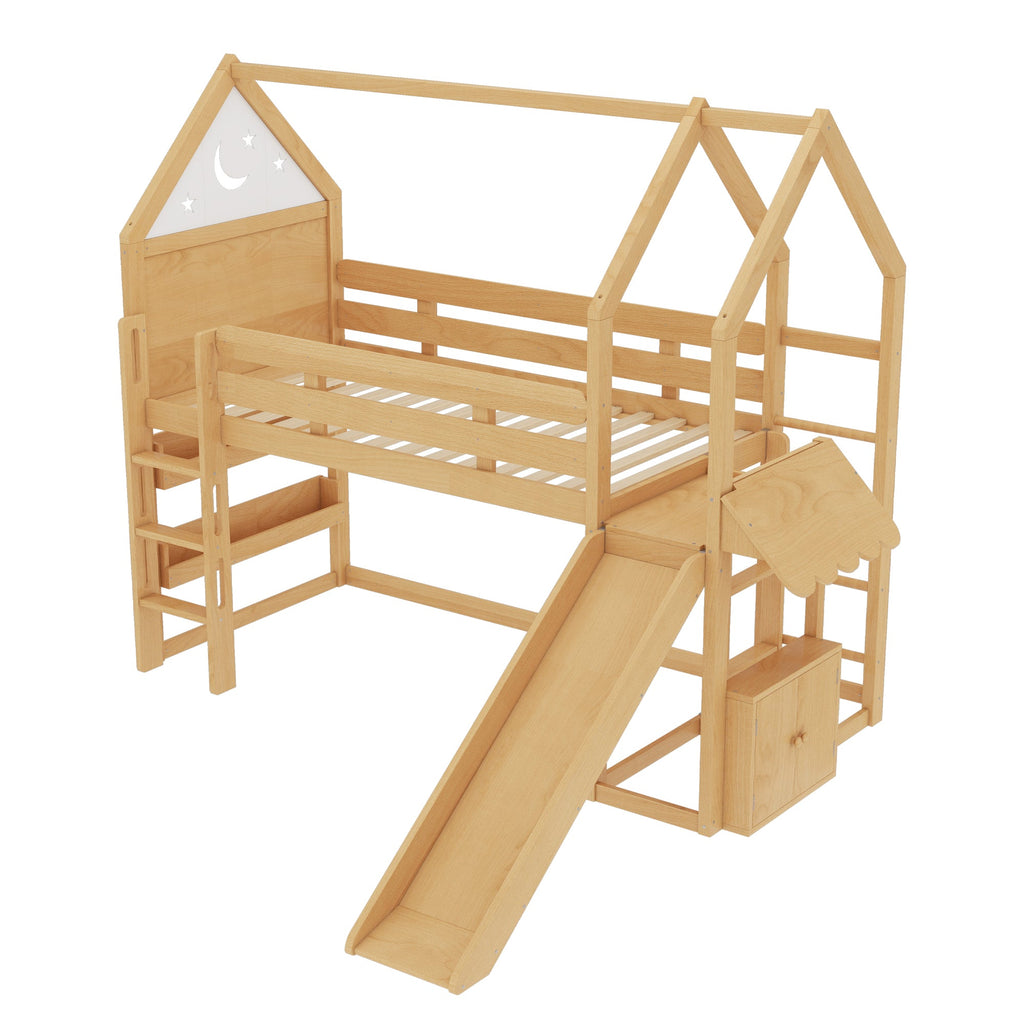Twin Size Loft Bed with Bookshelf Playful Design for Kids House-Shaped Structure with Slide High-Quality Safety Rails,Natural