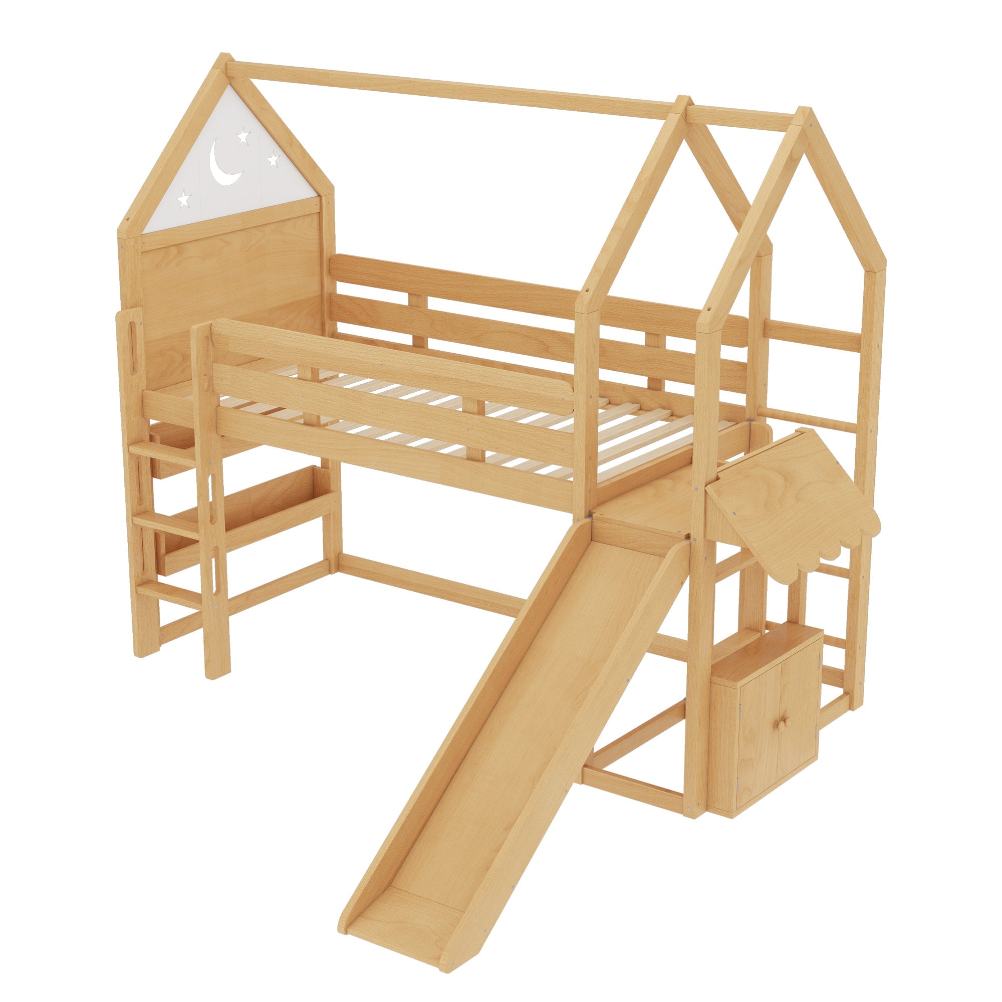 Twin Size Loft Bed with Bookshelf Playful Design for Kids House-Shaped Structure with Slide High-Quality Safety Rails,Natural