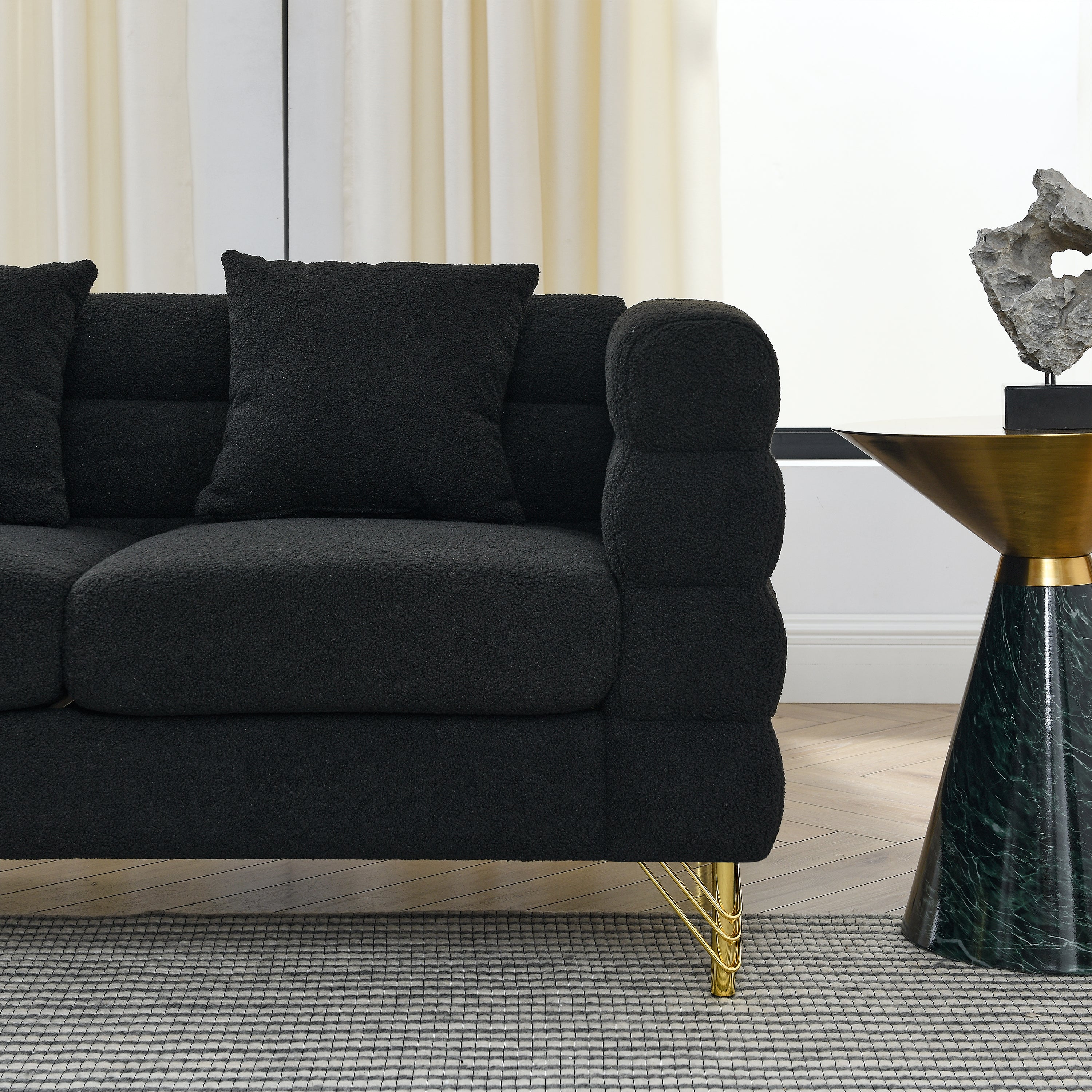 81 Inch Oversized 3 Seater Sectional Sofa, Living Room Comfort Fabric Sectional Sofe-Deep Seating Sectional Sofa, Soft Sitting with 3 Pillows for Living Room,Bedroom,Office, Black teddy(W834S00035)