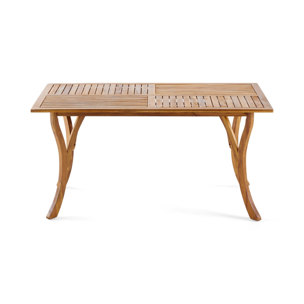 Outdoor Rectangular Table with Curved Legs and Perpendicular Wooden Slats Table Top, Teak