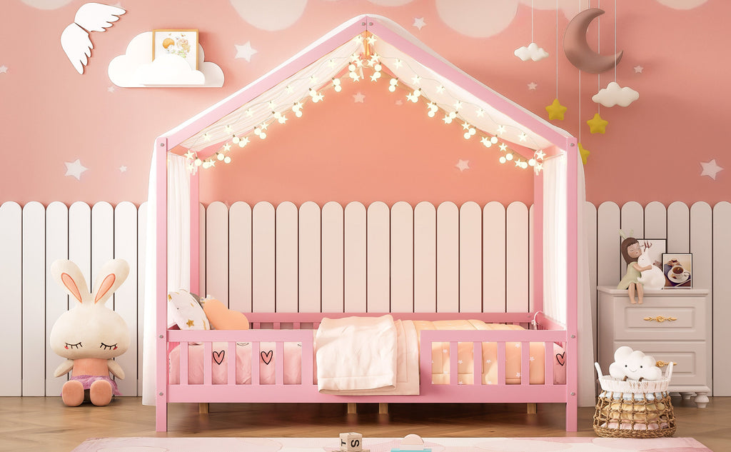 Montessori Floor Bed with Canopy, Full Bed Frame for Kids, House Shape Kids Bed Frame with High Railings, Wood Kids Bed with Roof, Kid Full Bed, Pink