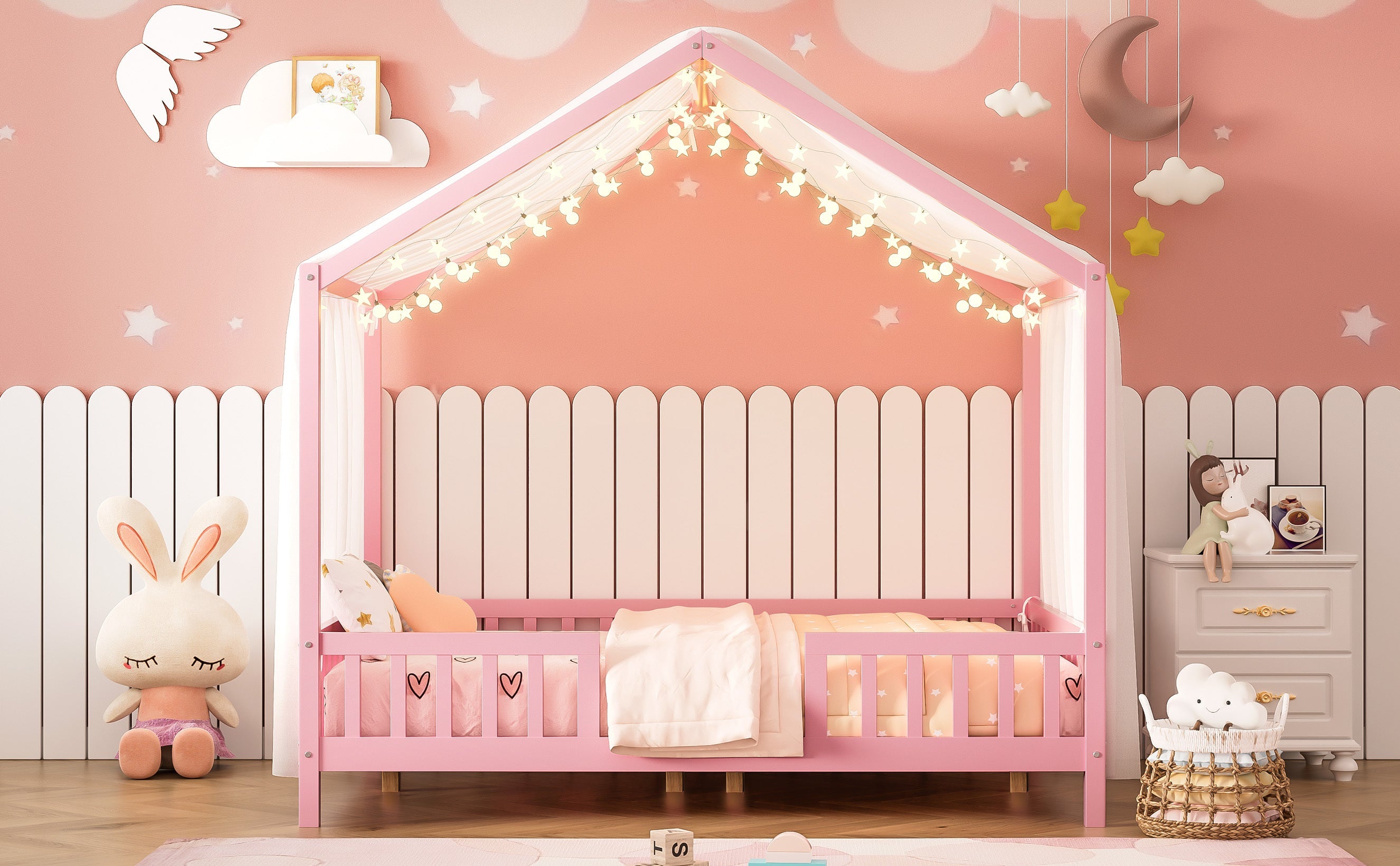 Montessori Floor Bed with Canopy, Full Bed Frame for Kids, House Shape Kids Bed Frame with High Railings, Wood Kids Bed with Roof, Kid Full Bed, Pink