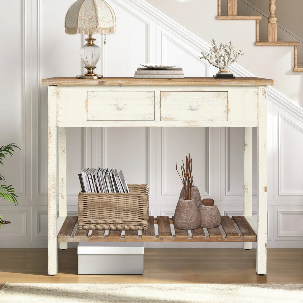 Vintage Two - Drawer Console Table with Open Shelf, Distressed Finish for Entryway & Living Room
