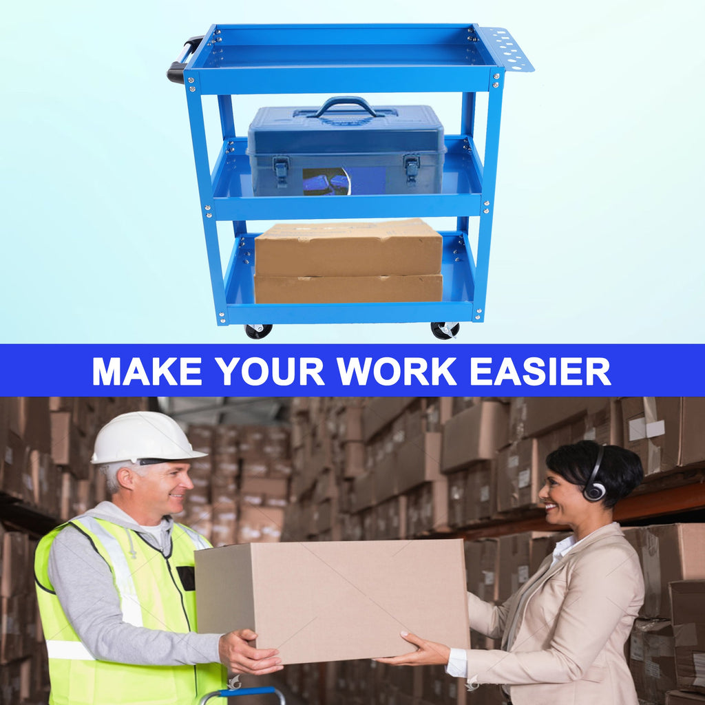 Tool Cart on Wheels, 3 Tier Rolling Mechanic Tool Cart, Heavy Duty Steel Utility Cart w/Lockable Wheels, 450 LBS Capacity Industrial Service Cart for Garage, Warehouse, Workshop (blue)
