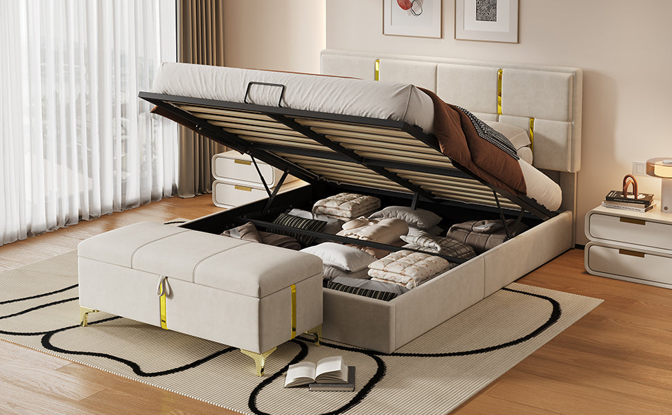 2-Pieces Bedroom Sets,Queen Size Upholstered Platform Bed with Hydraulic Storage System,Storage Ottoman with Metal Legs,Beige(Old SKU:N733S207778A)