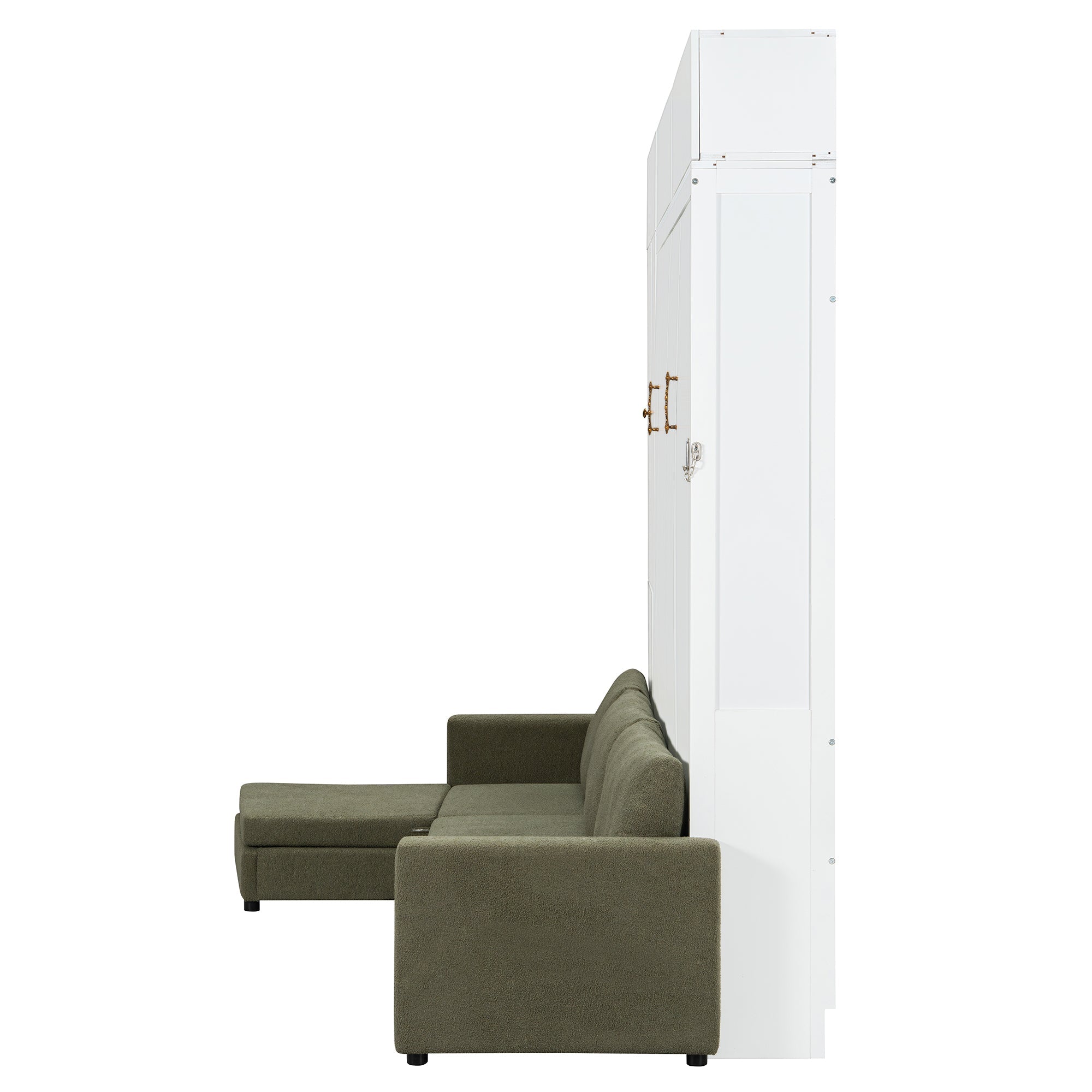 Queen Size Murphy Bed Wall Bed with Sofa and Shelves,White Panel, Green Sofa