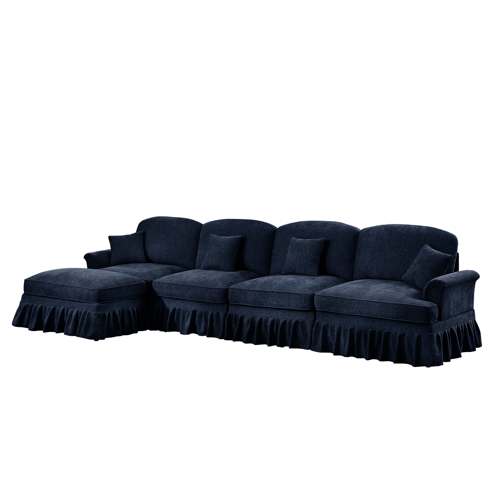 Classic Three Seater Modular L Shaped Sectional Couch with Flared Arms and Removable Ruffles Pleats Skirts and Spindle Legs, Comfy Chenille Four-Seat Deep Seat Sofa with Movable Ottoman, Blue