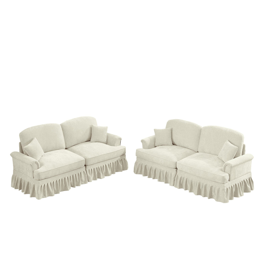 Classic 2 Piece Modular Couch Living Room Sofa Set with Flared Arms and Removable Ruffles Pleats Skirts and Spindle Legs, 2 Seater Sofa + 2-Seat Loveseat Sofa Sets for Living Room, Beige White