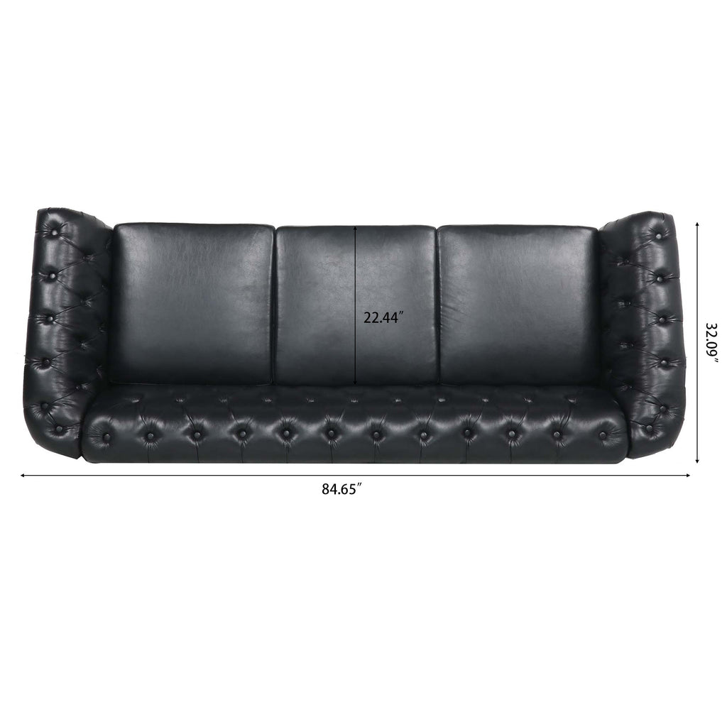 84.65" BLACK PU Rolled Arm Chesterfield Three Seater Sofa