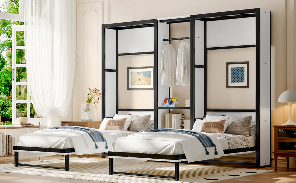 Twin and Twin Murphy Bed, Metal Foldable Murphy Bed with Wardrobe, Shelves and Power Outlets, 2 in 1 Design, Space-saving, White